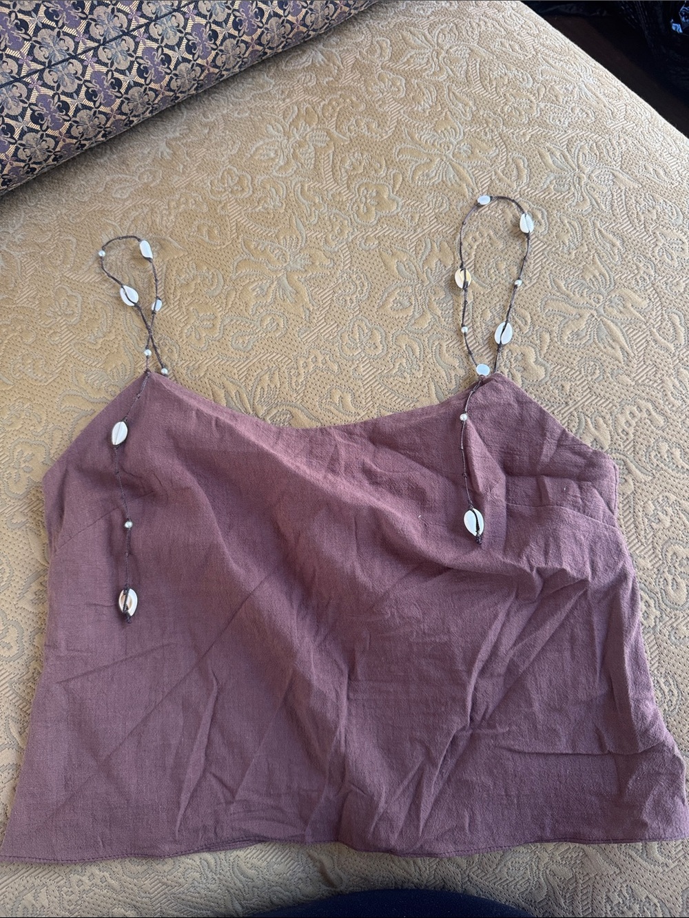 Women’s Mauve Linen Blend Shell Top with Beaded Straps